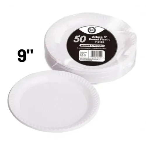 50pc Reusable Deluxe 9 Round Plastic Plates